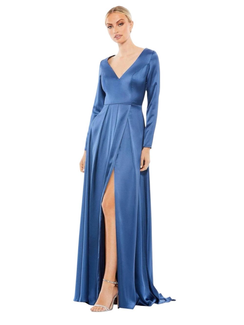NWT Mac Duggal Ieena Midnight Blue Satin Maxi Gown Long Sleeve Dress Sz 2